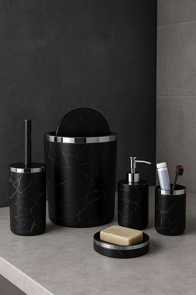 İmera Round Acrylic Bathroom Set - Marble-Granite Pattern, 5 Pieces, Black
