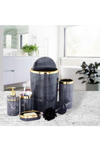 İmera Acrylic Round 5 Piece Marble Pattern Bathroom Set Gray Color Gold Pattern (HARD PLASTIC)