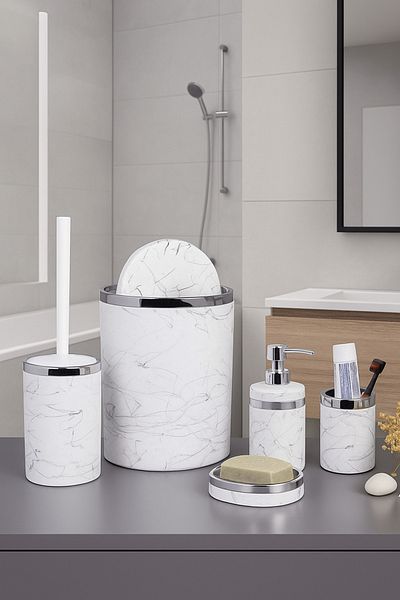 İmera 5-Piece White Marble Patterned Round Bathroom Set - Acrylic
