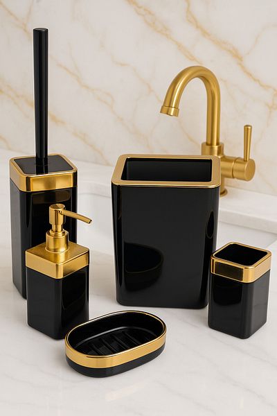 İmera Acrylic 5 Piece Square Bathroom Set Shiny Black-gold