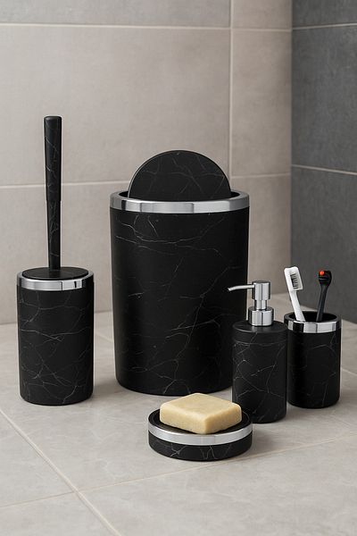 İmera Round Acrylic Bathroom Set - Marble-Granite Pattern, 5 Pieces, Black