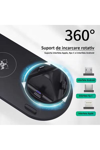 zyteq Incarcator wireless ZYTEQ®️ 15W, 4 în 1, compatibil Qi: iPhone, Samsung, ceas, AirPods