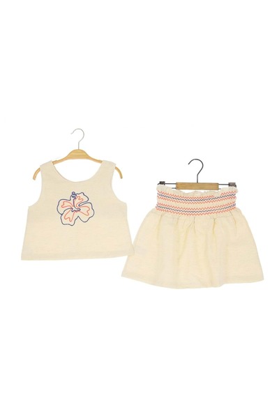 atabay Front Flower Embroidered Skirt Girl's Set Ecru