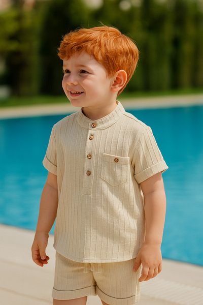 Miss Esilay Boutique Boy's Muslin Fabric Shorts Bottom Top Set Beige Color Buy One Size Larger