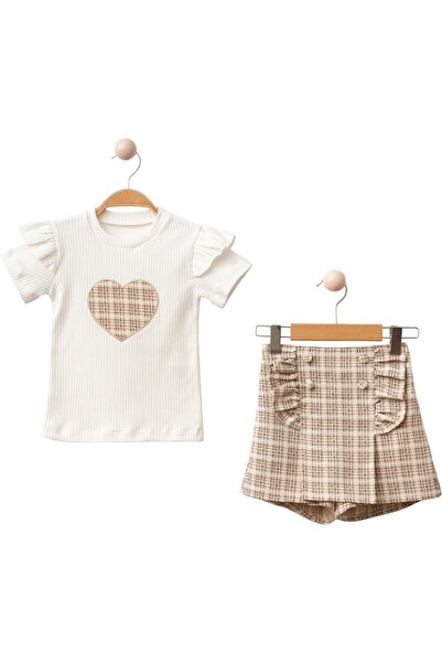 Babexi Heart Embroidered Combed Cotton Shorts Set Beige