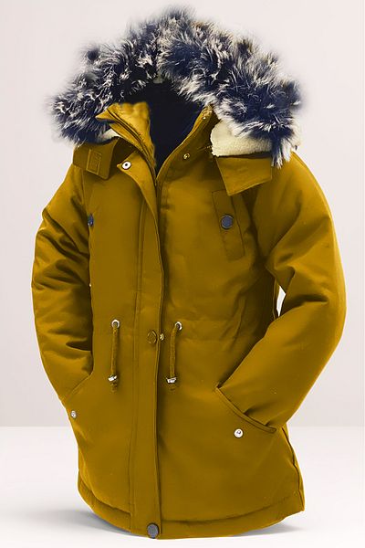 Asortik Kids Girls/Boys Unisex Winter Canvas Fabric Durable Over-The-Knee Fur Hooded Mustard Coat Coats