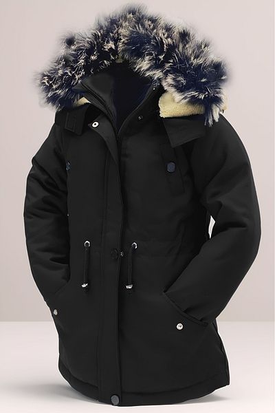 Asortik Kids Girls/Boys Unisex Winter Canvas Fabric Durable Over-The-Knee Fur Hooded Black Coat Coats