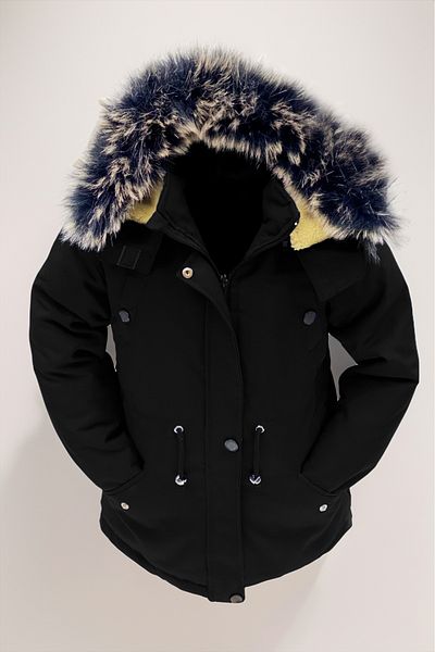 Asortik Kids Girls/Boys Unisex Winter Canvas Fabric Durable Over-The-Knee Fur Hooded Black Coat Coats