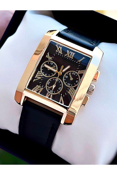 Weluxa Roman Numeral Gold Color Case Black Leather Band Men's Wristwatch in Special Box