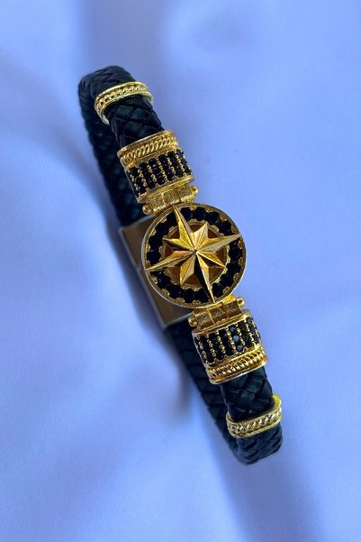 Begondio Genuine Leather Men's Bracelet Made with Compass Zircon Stone Braided Handcrafted
