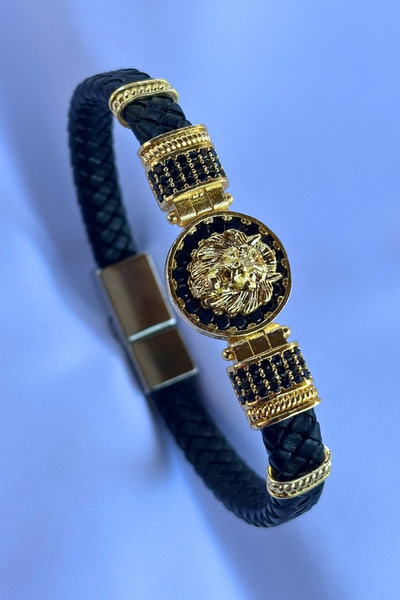 Begondio Genuine Leather Men's Bracelet Made with Lion Zircon Stone Braided H...