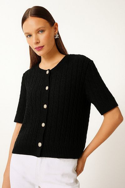 DEMİRBEY TEKSTİL Women's Black Crew Neck Hair Braided Short Sleeve Knitwear