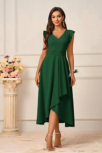 Varyete V Yaka Volanlı Midi Boy Varyete Krep Elbise