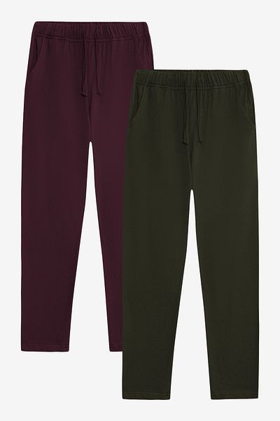 Elemge 100% Cotton 2-Piece Set Single Jersey Men's Pajama Bottom Comfortable Fit Pocket Drawstring Anti-Sweat Stretchy Claret Red-Khaki Bottom
