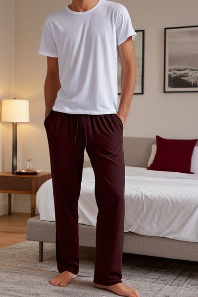 Elemge 100% Cotton Single Jersey Men's Pajama Bottoms Burgundy Comfortable Fit with Pockets Relax Fit Elastic Drawstring Sweatproof Flexible