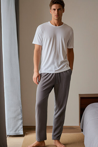 Elemge 100% Cotton Single Jersey Men's Pajama Bottoms Gray with Pockets Comfortable Fit Relax Fit Elastic Drawstring Sweatproof Flexible