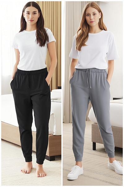 Elemge 100% bumbac, pachet de 2, pantaloni de pijama pentru femei, cu un singur jerseu, cu buzunare confortabile, cu șnur, anti-transpirație, elastic, negru-gri.