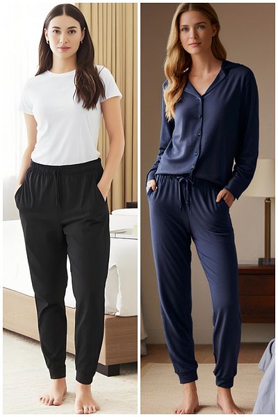 Elemge 100% bumbac, pachet de 2, pijamale pentru femei, cu șase buzunare, model confortabil, picior îngust, șnur, anti-transpirație, negru bleumarin