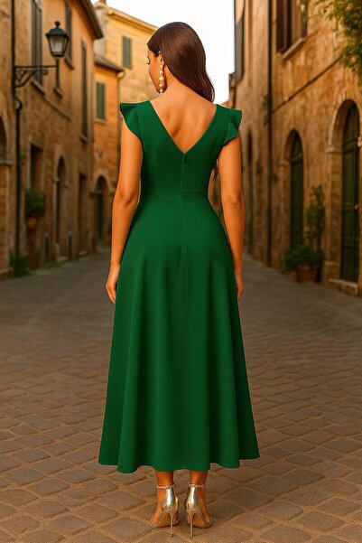 Varyete Omzu Fırfırlı Volanlı Drapeli Midi Boy Varyete Abiye Elbise