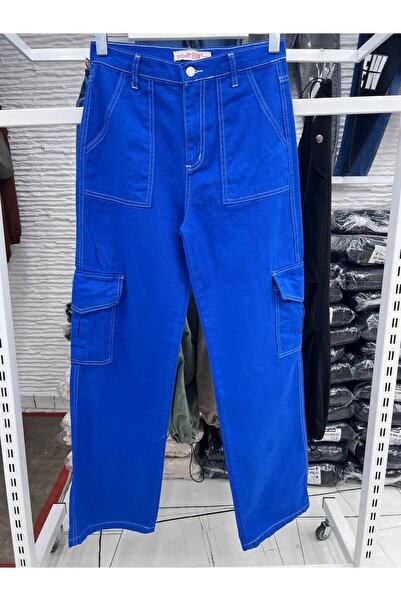 KOTOLOG بنطال جينز أزرق واسع الساق من Saks - أرجل واسعة فضفاضة مع تفاصيل جيب ...