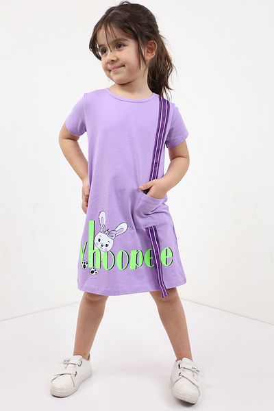 Toontoy Girl's Pocketed Striped Rabbit Printed Dress