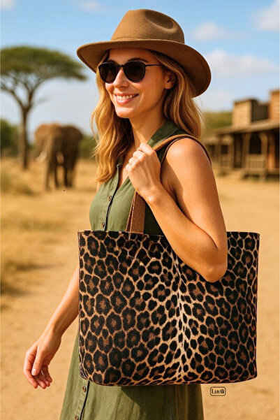 Luvili Çanta Büyük Boy Kanvas Bez Çanta 40x45 Xl Astarlı, Cepli, Çıtlı | Leopar Desenli Çanta Kahve