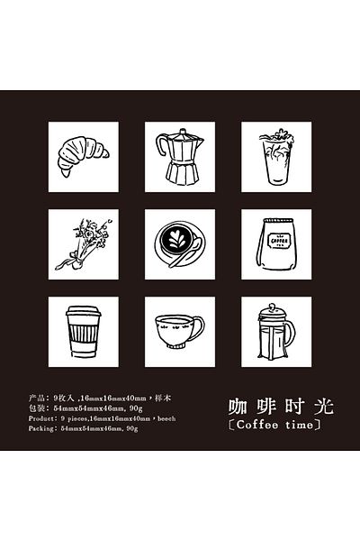 Choice B Journal Go 9pcs/set Cute Cartoon Mini Pattern Wooden Stamps Daily Life Lovely World Calendar Plan.