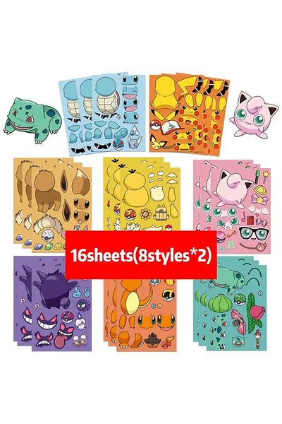 Miniso Sjs156-16sheets 8/16/48pcs Pikachu Puzzle Stickers Make-a-face Funny Assemble Jigsaw Diy Children Ca