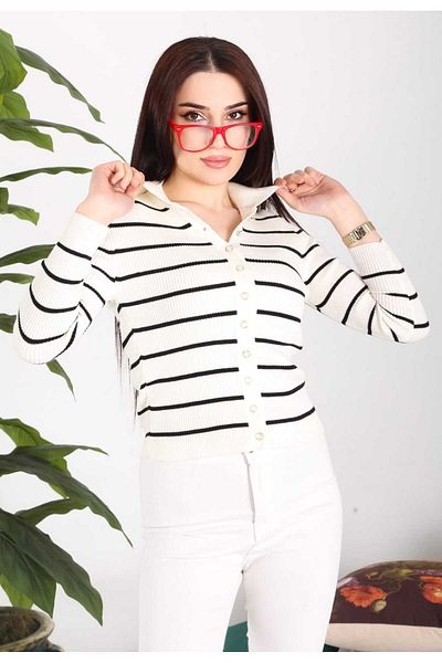 BOZKAYA ÖRME Striped Tie-Dye Polo Collar Seasonal Women's Cotton Cardigan