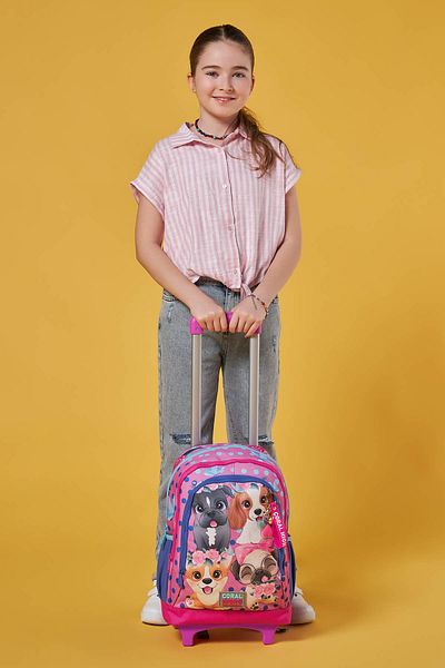 Coral High Rucsac de școală cu trei compartimente cu model câine roz cu racletă 23950
