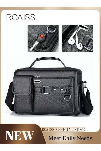 ROAISS Business Messenger Shoulder Bag PU Leather Retro Chic Handbag Large Capacity Casual Portable Zipper