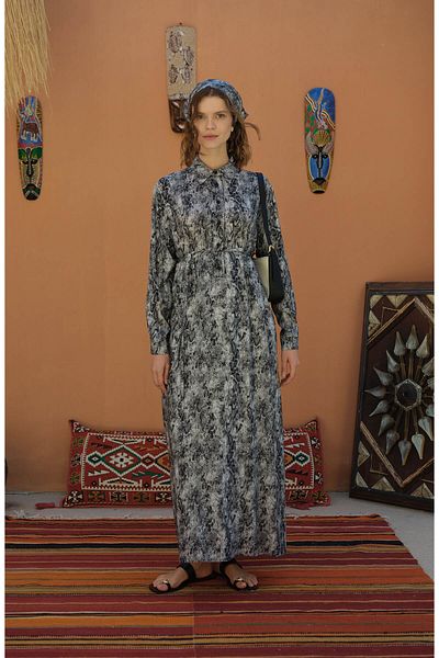 Fatma Atasoy Tie-Up Black Animal Patterned Viscose Dress