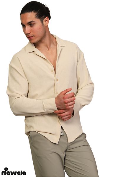 Riowela Ανδρικό πουκάμισο με καλοκαιρινή υφή Oversize Beige Cream