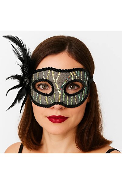 BilfolD قناع حفلات مطرز بالترتر والريش باللون الأسود مقاس 23 × 12 سم