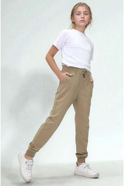 Asortix Girls' Beige School Trousers 100% Cotton Elastic Waist and Leg Relaxed Fit