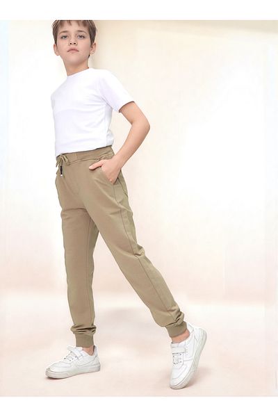 Jannock Boys' Knitted Cotton Combed School Trousers – 100% Cotton – Elastic Waist and Leg – Beige Color