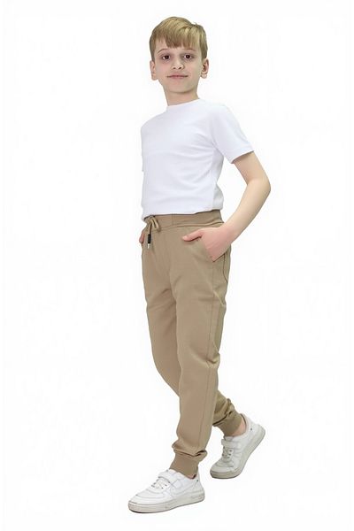 Asortix Boys' Beige School Trousers 100% Cotton Elastic Waist and Leg Relaxed Fit
