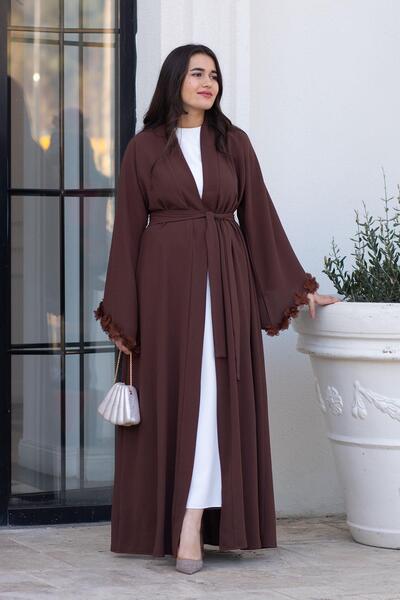 MELEK ARAZ Kahverengi Kolu Çiçek Detaylı Zahra Abaya