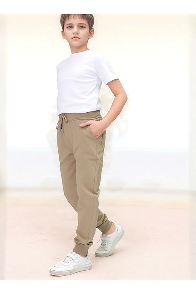 Jannock Boys' Knitted Cotton Combed School Trousers – 100% Cotton – Elastic Waist and Leg – Beige Color