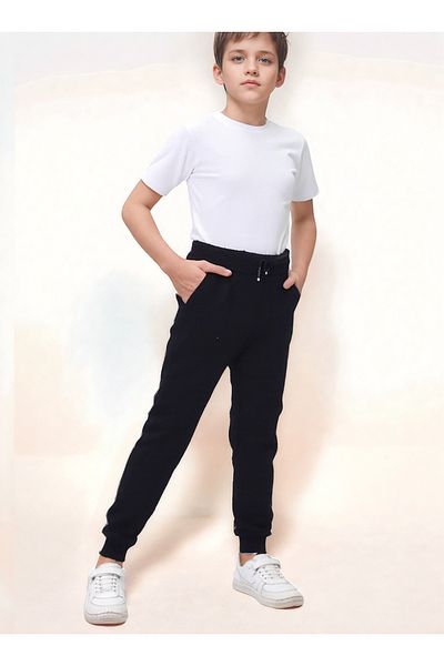 Jannock Boys' Knitted Cotton Combed School Trousers – 100% Cotton – Elastic Waist and Leg – Black Color