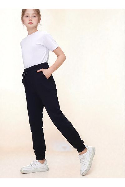 Jannock Girls' Knitted Cotton Combed School Trousers – 100% Cotton – Elastic Waist and Leg – Black Color