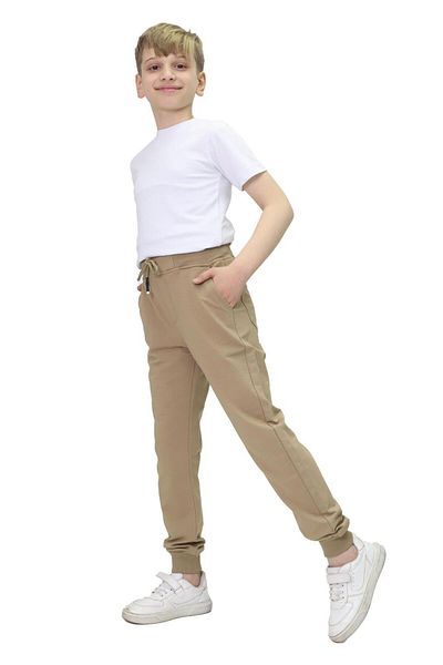 Asortix Boys' Beige School Trousers 100% Cotton Elastic Waist and Leg Relaxed Fit