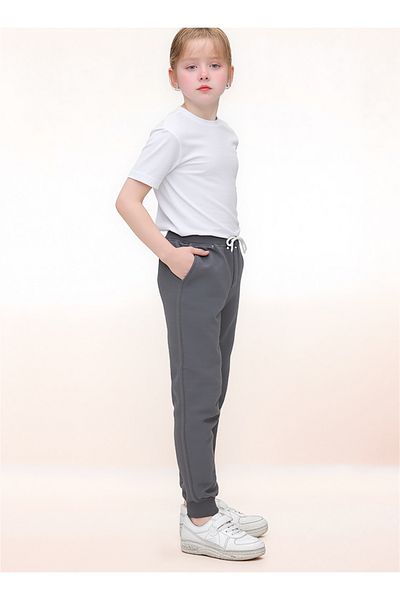 Jannock Girls' Knitted Cotton Combed School Trousers – 100% Cotton – Elastic Waist and Leg – Gray Color