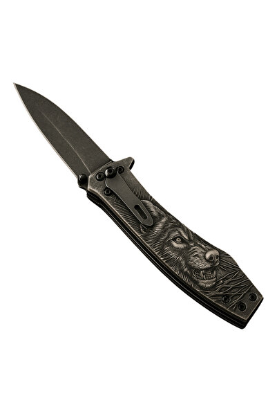 Tesbihane Sibirya Kurt Desenli Metal Saplı Isme Özel Yazılı 9cr18mov Kalite Paslanmaz Çelik Avcı Kamp Bıçağı