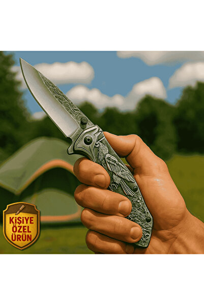 Tesbihane Sibirya Kartal Desenli Metal Saplı Isme Özel 9cr18mov Kalite Paslanmaz Çelik Avcı Kamp Bıçağı