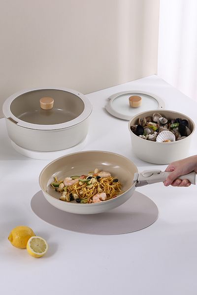 NEOFLAM Midas Beige 9-Piece Detachable Handle Nesting Induction Pot Pan Set