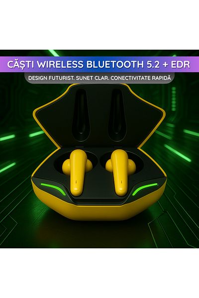 OEM Casti Wireless Earbuds, Bluetooth 5.2 Edr, In Ear, Control Tactil Inteligent, Led Rgb, Galben