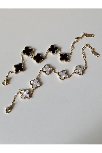 HISCOSMETIC Women's Gold Chain Viral Clover Black Detailed Double Sided Bracelet