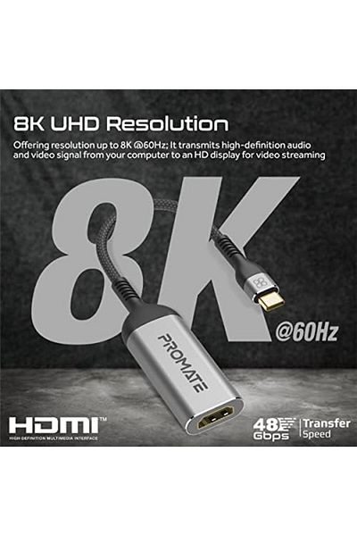 Promate محول USB-C إلى HDMI، محول HDMI فائق الدقة 8k@60hz مع نقل 48 جيجابت في الثانية، كوم