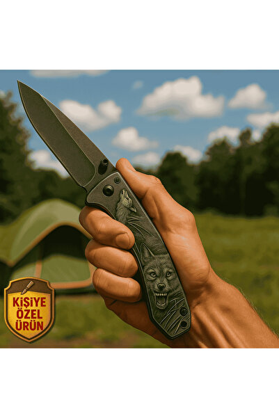 Tesbihane Sibirya Kurt Desenli Metal Saplı Isme Özel Yazılı 9cr18mov Kalite Paslanmaz Çelik Avcı Kamp Bıçağı